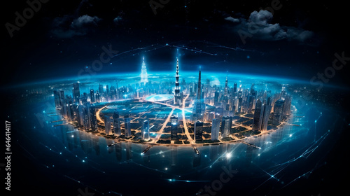 Smart city and wireless communication network over the globe 3D rendering
