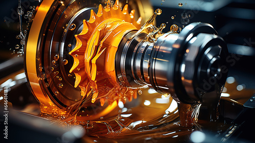 Oil lubrication aids in the precise machining of a gear wheel in metalworking. photo