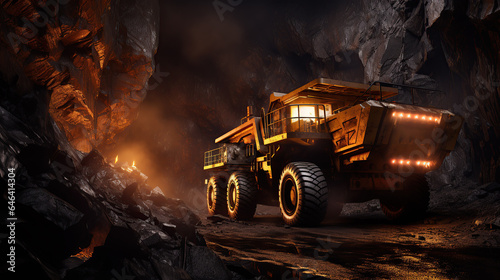 A mining truck ventures into the depths of a shadowy cave.