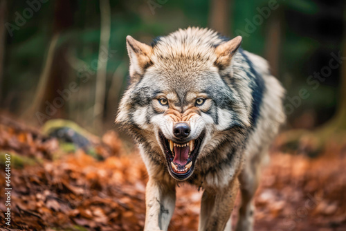 A snarling grey wolf, a powerful symbol of wildlife in the forest, reminding us of the inherent risks in the great outdoors.