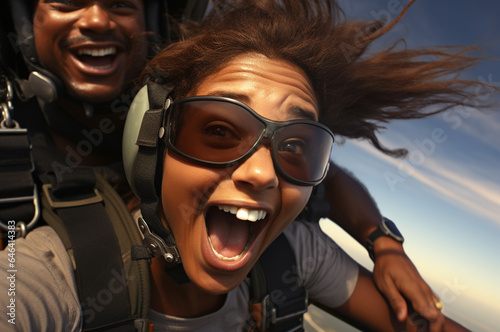 Portrait of happy african american man and woman in aviator sunglasses with afro hairstyle having fun on the ship.