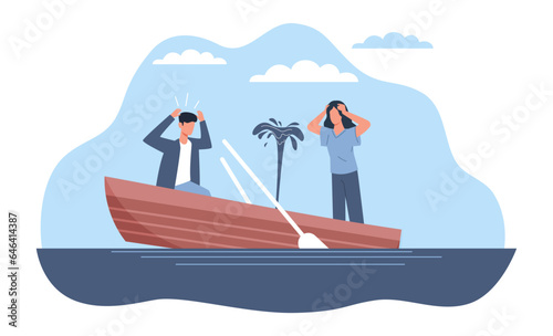 Rowboat is sinking, man and woman are scared and dont know what to do. Dangerous situation in ocean. Crisis in relationships or family budget. Cartoon flat style isolated vector concept