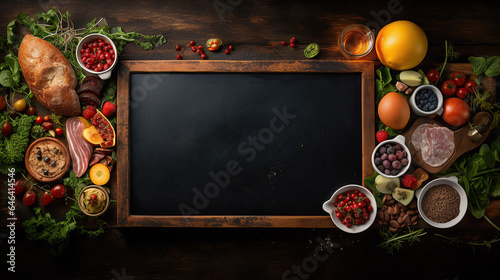Breakfast dishes encircle a centrally placed blackboard.
