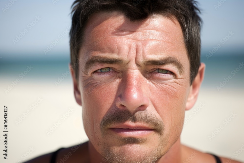 Obraz premium closeup of a man looking at the camera while sitting on the beach
