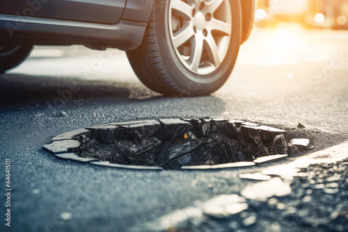 a deep and dangerous pothole on a worn-out asphalt road, highlighting the risk it poses to passing cars and the urgent need for repair.