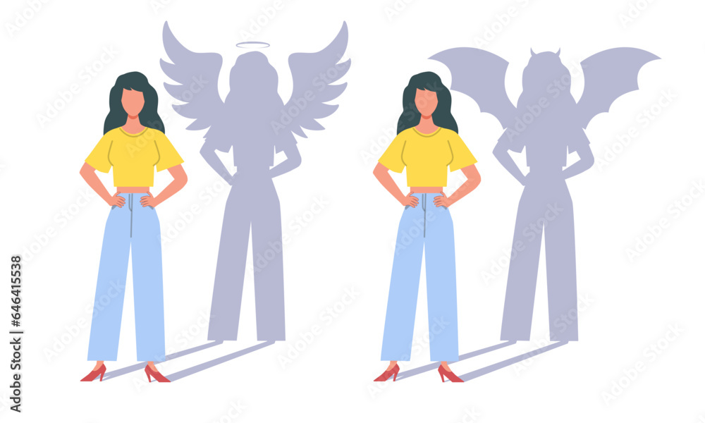 Woman with shadow of an angel and of devil. Female character heaven and hell symbol. Religion and ethnic morality. Girl with wings. Good and bad sign. Cartoon flat style vector concept