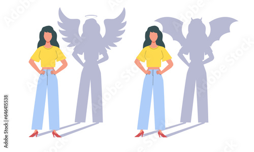 Woman with shadow of an angel and of devil. Female character heaven and hell symbol. Religion and ethnic morality. Girl with wings. Good and bad sign. Cartoon flat style vector concept