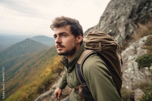 high angle shot of a handsome young man hiking through the mountainside