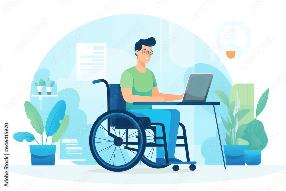 A person uses a wheelchair to navigate while working on a laptop, embracing electronic tools for education and business in a virtual office setting. A person uses a wheelchair to navigate while working on a laptop, embracing electronic tools for education and business in a virtual office setting.