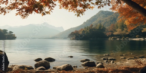 Generative AI, Autumn aesthetic landscape panorama, muted neutral colors. 