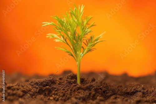 closeup of a seedling in soil against an orange background