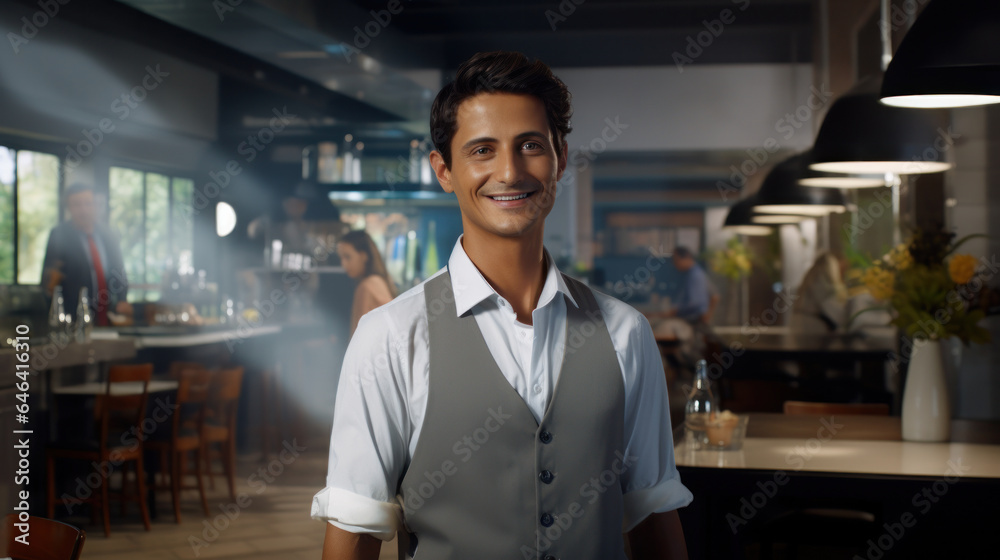 Fototapeta premium Gracious Cafeteria Supervisor Extending a Warm Welcome to Hungry Patrons.