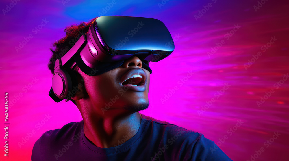 Gamer Explores VR Metaverse: Futuristic Cyber Gaming in Neon Ultraviolet World. Gamer Explores VR Metaverse: Futuristic Cyber Gaming in Neon Ultraviolet World.