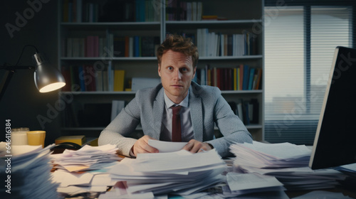 Scandinavian Businessman: Overwhelmed at Work, Desk Covered in Documents.