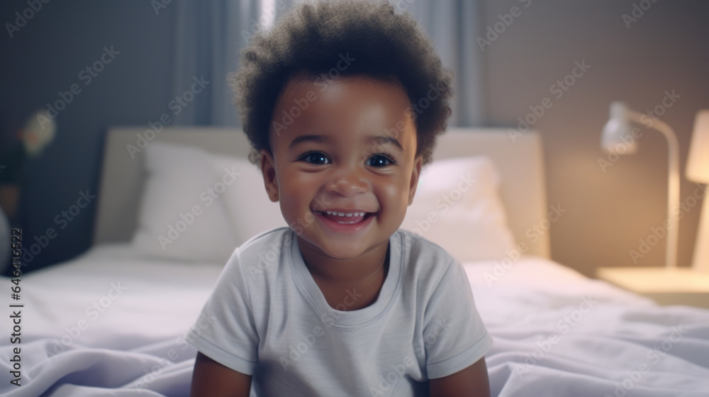 Joyful African Toddler Delighting in Indoor Play on Bed with a Radiant Smile. Joyful African Toddler Delighting in Indoor Play on Bed with a Radiant Smile.