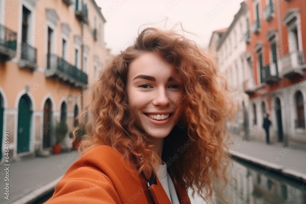 woman, travel and selfie picture of a girl in the city with happiness on vacation