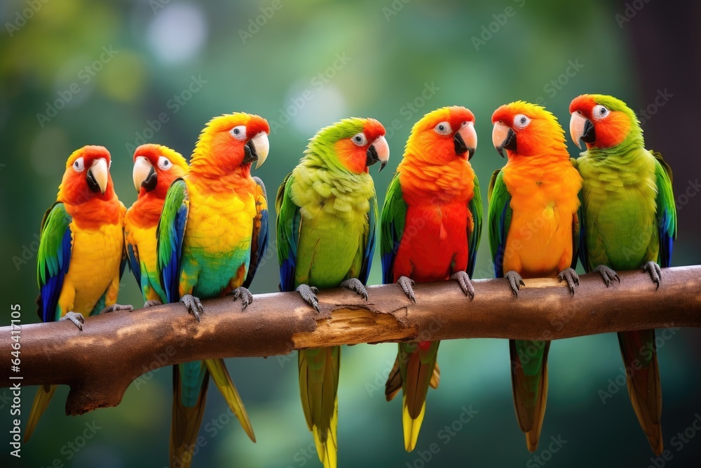 Tropical parrots sitting on a tree branch in the rainforest