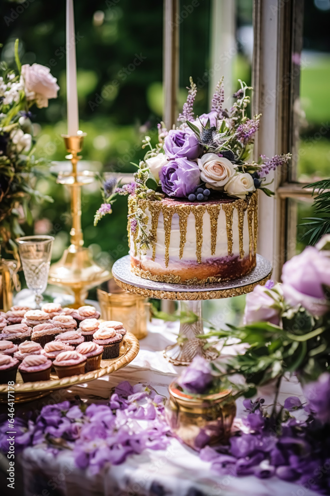 Wedding cake with lavender floral decor, party celebration and holiday dessert in a countryside garden, event food catering, country cottage style, generative ai