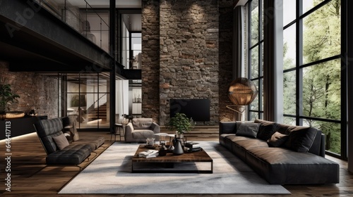 Modern living room furnished in brown color with stone decoration and large windows to nature © Lubos Chlubny