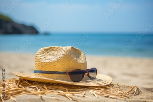 Summer straw hat with sunglasses on the beach