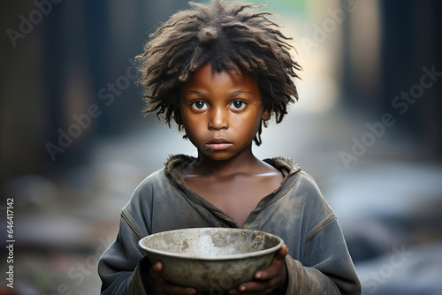African poor hungry orphan boy with empty bowl asking for food