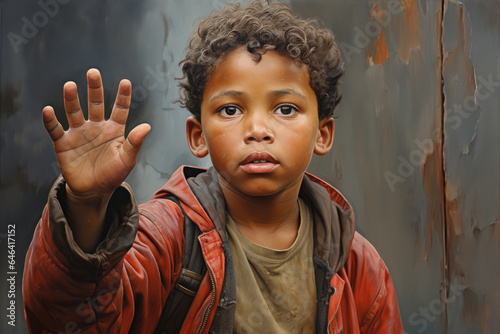 Tablou canvas Little frightened poor beggar African American boy put his hand forward