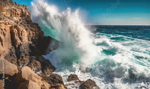 Big sea waves crash against a rocky cliff