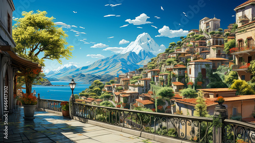 view of lake and the village in italy, paint art background