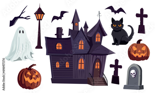 Cartoon Halloween haunted house collection of illustrations. Vector collection of haunted house, spooky ghost, pumpkin, bat, and graves. Happy Halloween festival elements for decoration, prints.