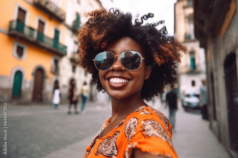 black woman, selfie and sunglasses on a phone in the city for sightseeing or social media