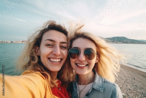 happy  happy woman friends travel selfie in a foreign city adventure by the sea