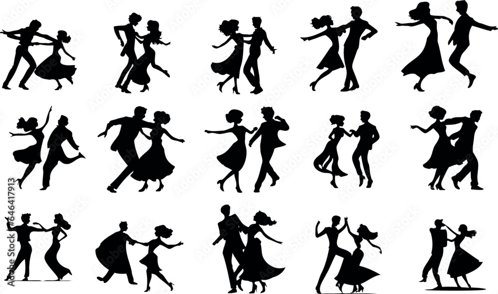 dancing couple vector illustration featuring Dance, Passion, Rhythm,15 black silhouettes of couples engaged in various dance styles. Perfect for dance studios, event posters, or music festivals dancing couple vector illustration featuring Dance, Passion, Rhythm,15 black silhouettes of couples engaged in various dance styles. Perfect for dance studios, event posters, or music festivals