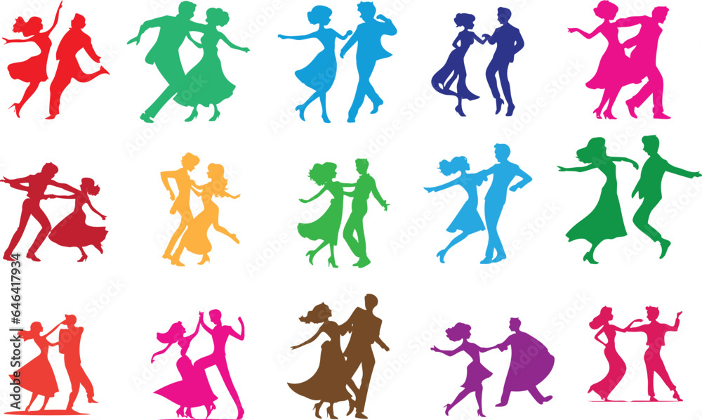 Vibrant dance couple silhouettes in various dynamic poses. Perfect for dance studios, party invitations, or music event posters. Captures the energy and passion of ballroom, swing,l atin dance styles