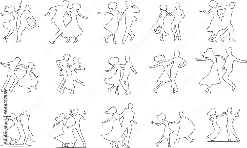 Dancing Couple Line Art vector illustration featuring diverse pairs of dancers in various dynamic poses. This unique, artwork is perfect for projects related to dance, performance, and art