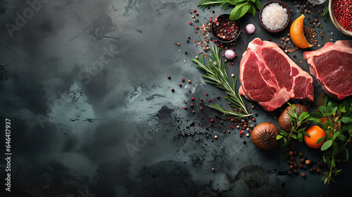 Overhead shot of meat accompanied by herbs against a dark backdrop. © sopiangraphics