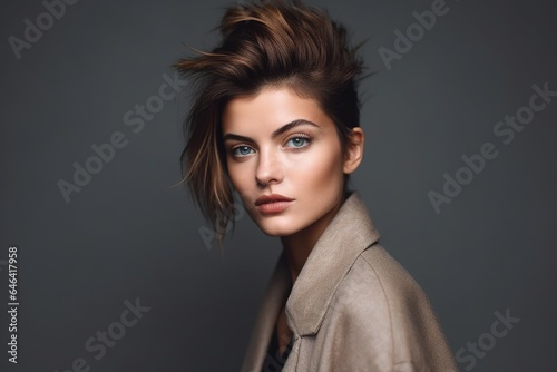 shot of a stylish young woman posing against a gray background