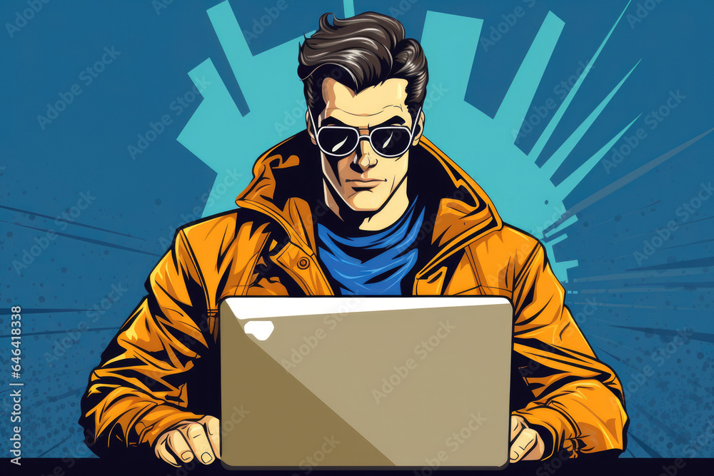 An elusive hacker, shrouded in mystery dressed in a hoodie and sunglasses, sits intently before a laptop, diving deep into the digital realm, all set against a vivid retro comic backdrop. An elusive hacker, shrouded in mystery dressed in a hoodie and sunglasses, sits intently before a laptop, diving deep into the digital realm, all set against a vivid retro comic backdrop.