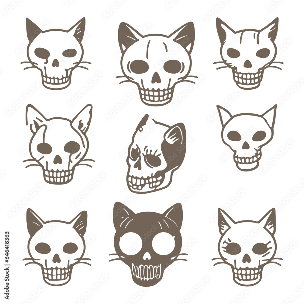set cat Halloween kitten skull bone skeleton symbol cartoon icon logo set cat Halloween kitten skull bone skeleton symbol cartoon icon logo