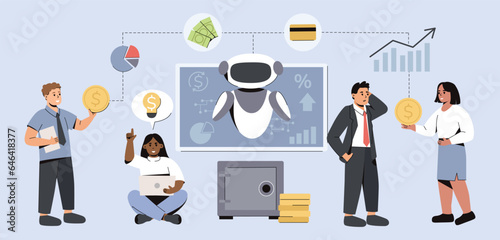 AI in financial management. People use artificial intelligence for effective use of money. Online robotic with innovative technologies help financiers automate banking payments, deposits or transfers.