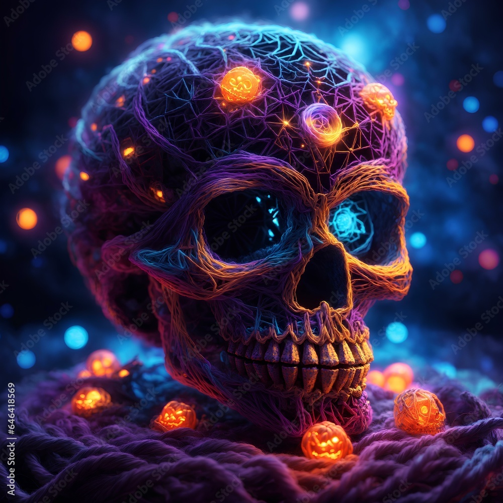 beautiful illuminated skull made of yarn with beautiful lights and details