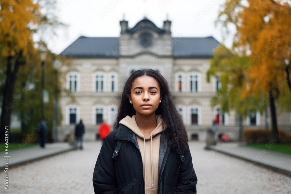 shot of a young female student in front of her university
