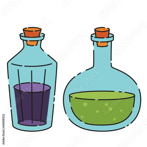 Glass bottles with liquids for chemistry, science, alchemy, potions