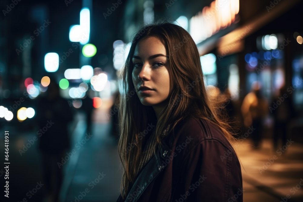 shot of a young woman walking through the city at night
