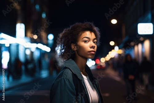 shot of a young woman walking through the city at night