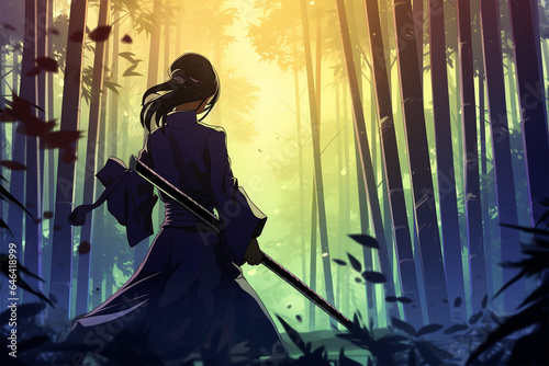 anime style background, a ninja girl is training in a bamboo forest