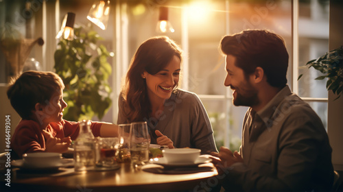 A happy family eating dinner together in a house. 