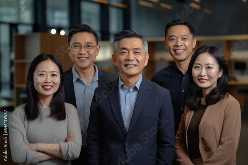 Chinese or Korean Business Team Looking at Camera in Office With Their Leader. © VK Studio