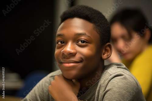 a student looking away from the camera with a subtle smile on his face