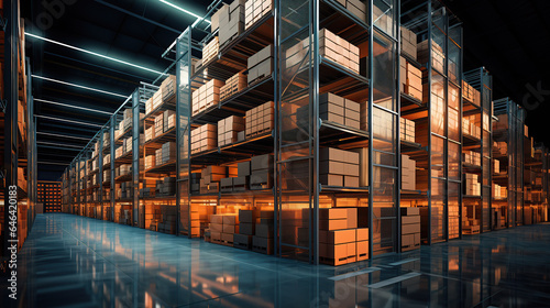 A warehouse with shelves and abundant lighting.