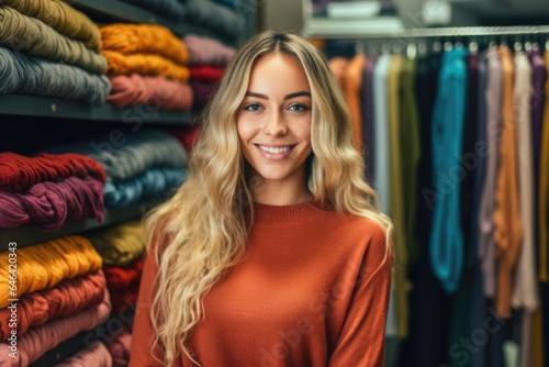 beautiful attractive smiling woman standing in clothes store holding shopping bags . AI Generated